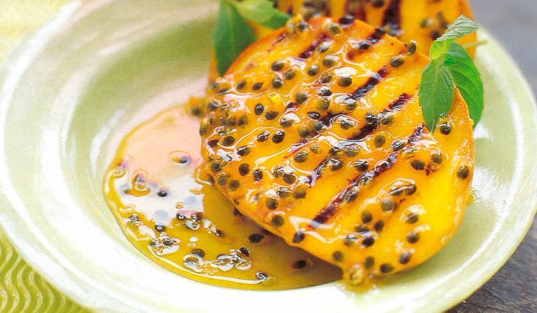 Griddled Mango with Dark Rum and Passionfruit Sauce