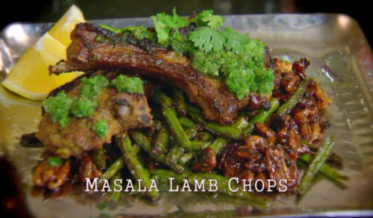 Masala Lamb Chops with Honeyed Cumin Pecan Green Beans and Green Chutney
