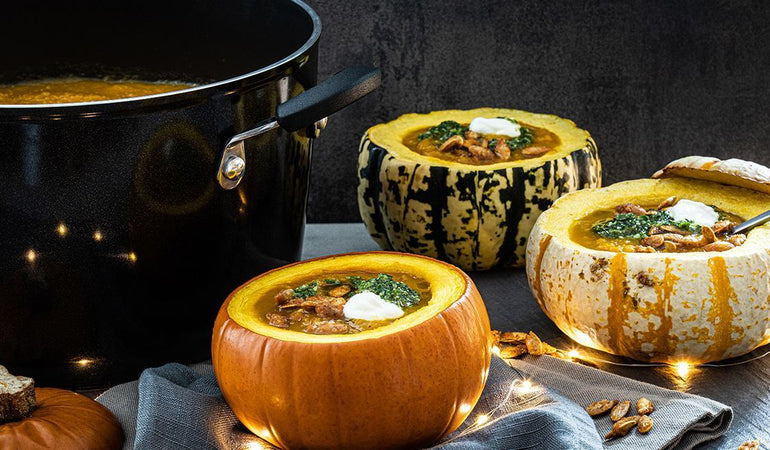 Pumpkin Soup in a Pumpkin Bowl, with Herby Pesto & Pumpkin Seeds