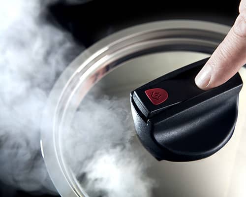 Our non stick pan sets in the Steam Release range from Prestige have lots of safety features including steam release lids to safely release steam, and stay cool handles.