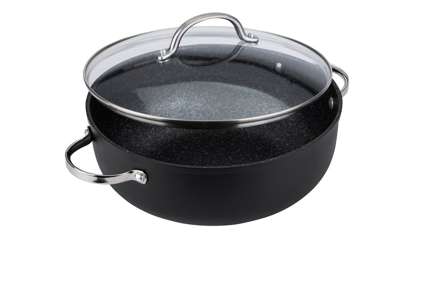 Scratch Guard anti scratch casserole pan with lid from Prestige. Matte black finish with stone effect interior and stainless steel handles