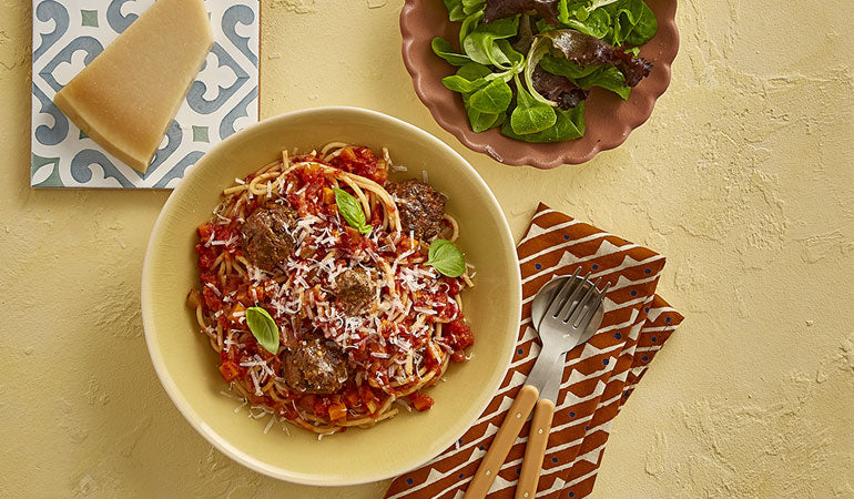 Nadiya's Meatballs & Pasta in a bowl