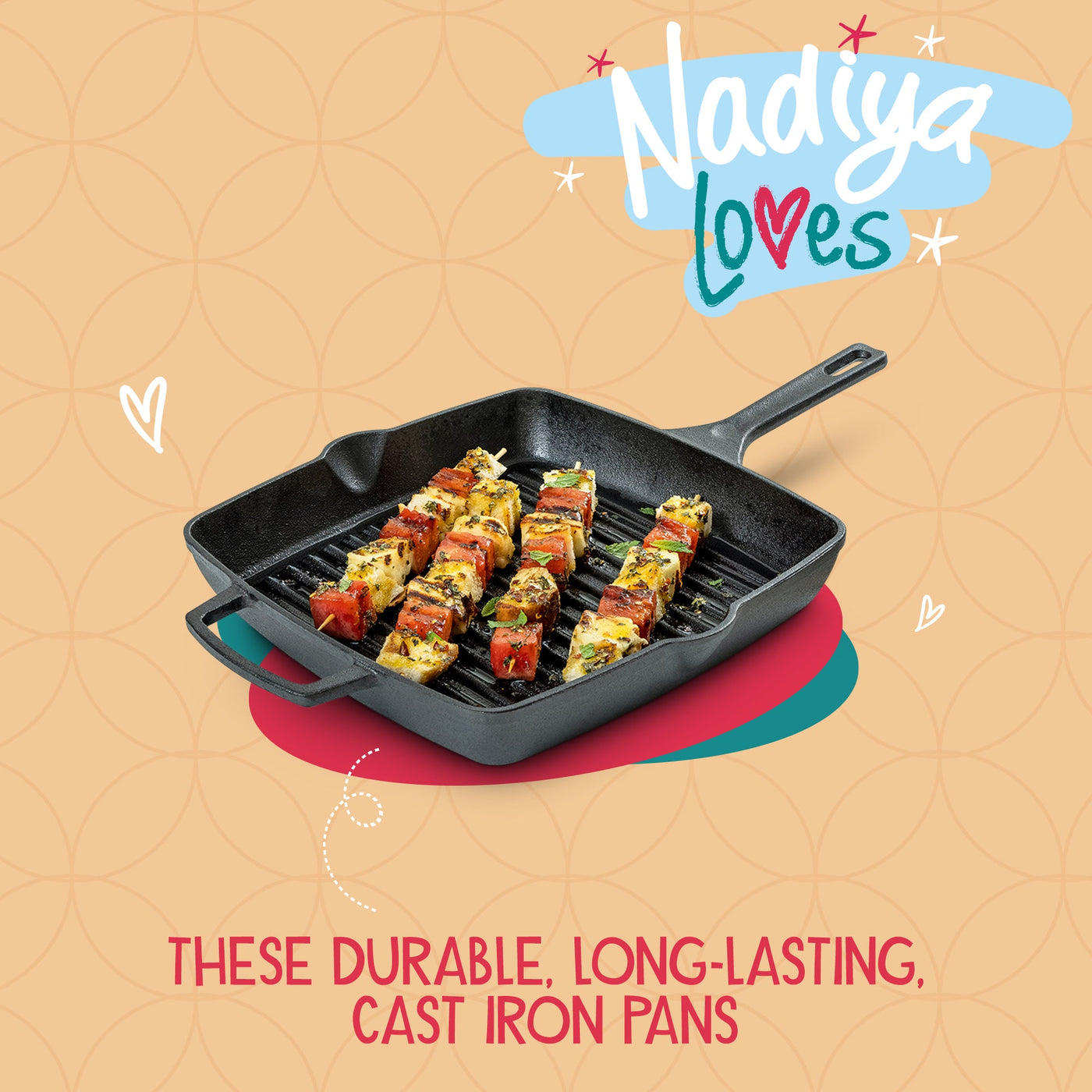 Nadiya Hussain Cast Iron Square Grill Pan & Free Schwartz Kicking Kebabs Spice Kit
