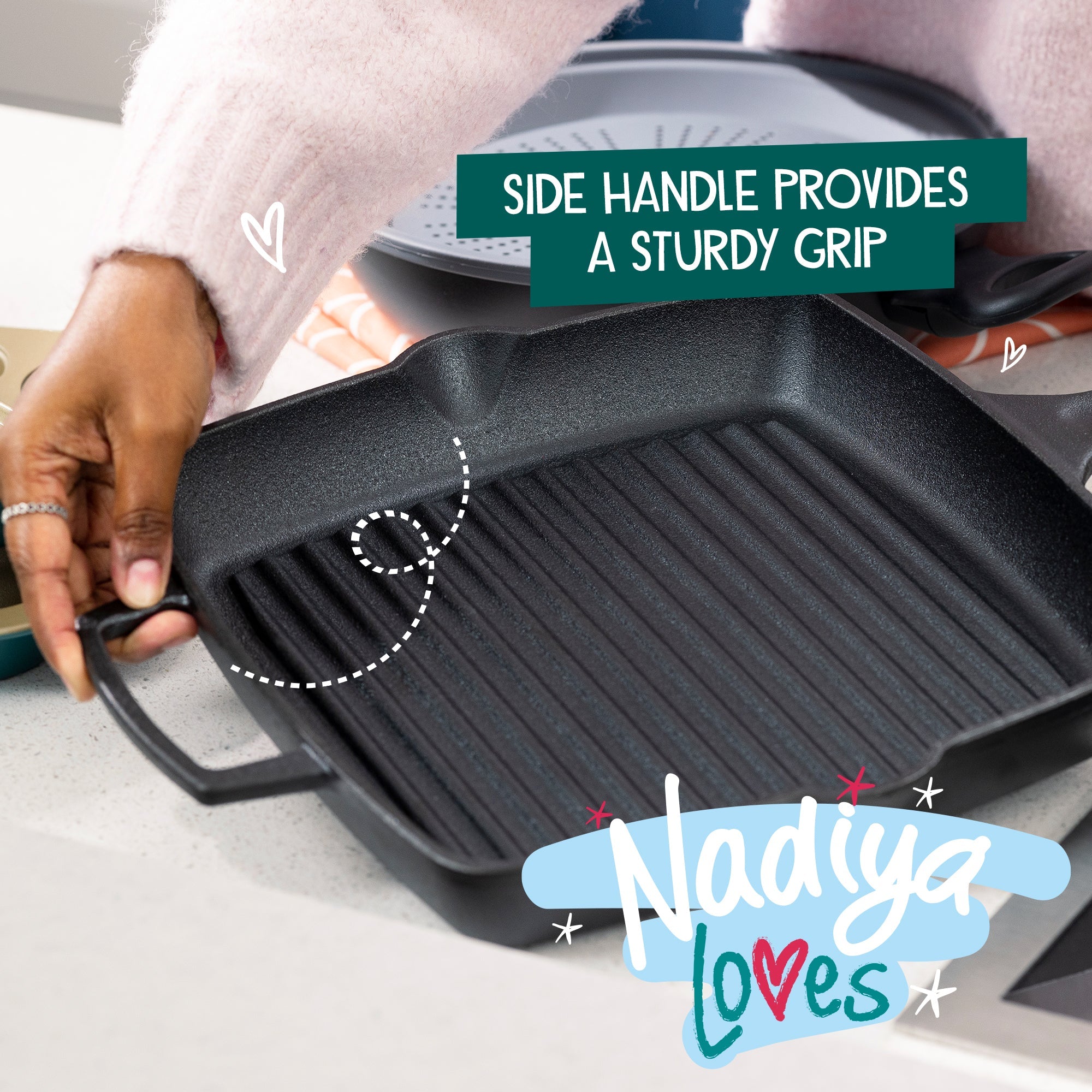 Nadiya Hussain Cast Iron Square Grill Pan & Free Schwartz Kicking Kebabs Spice Kit