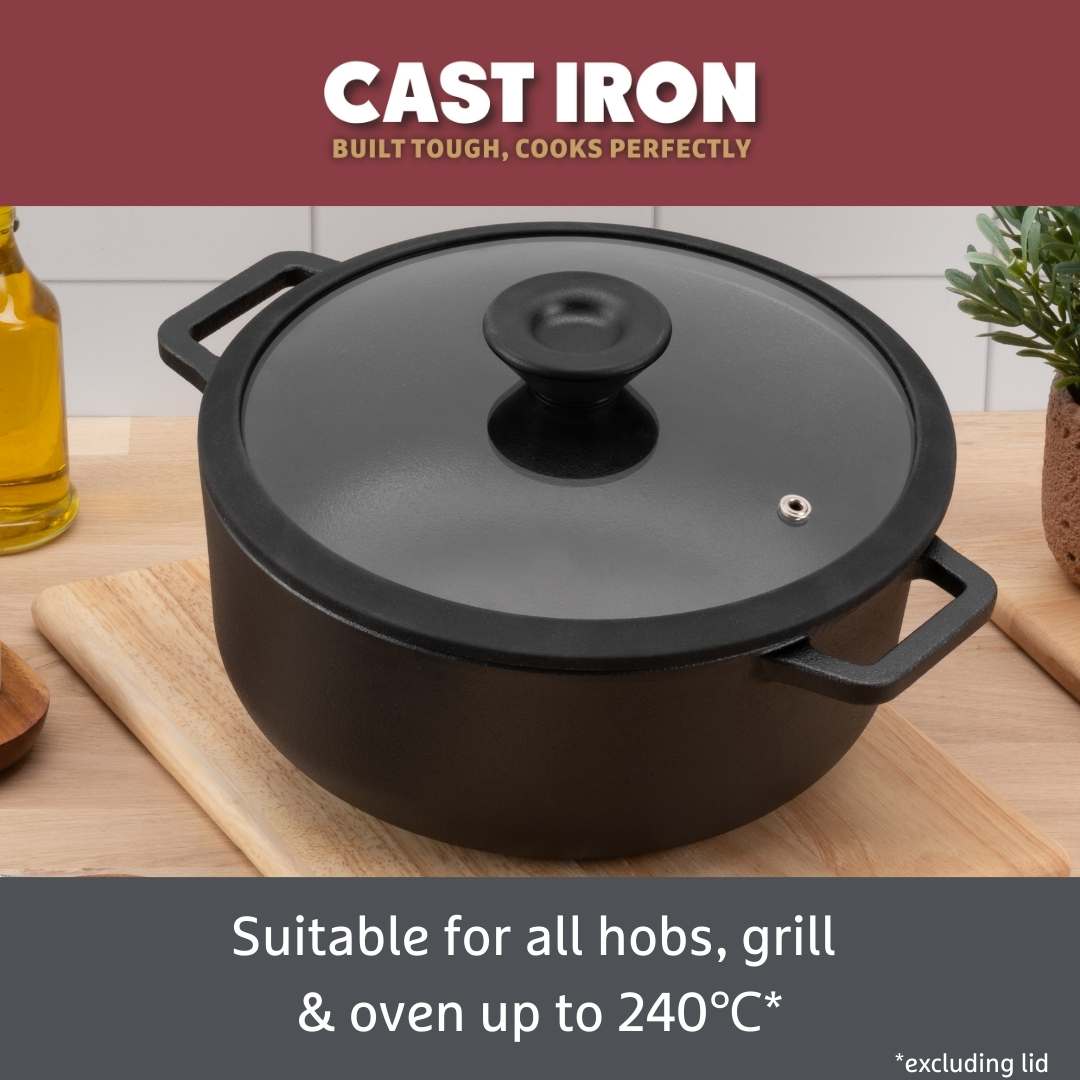 Cast Iron: Casserole & Glass Lid - 5.7L, Frying Pan & Grill Pan Set - 3 Pieces