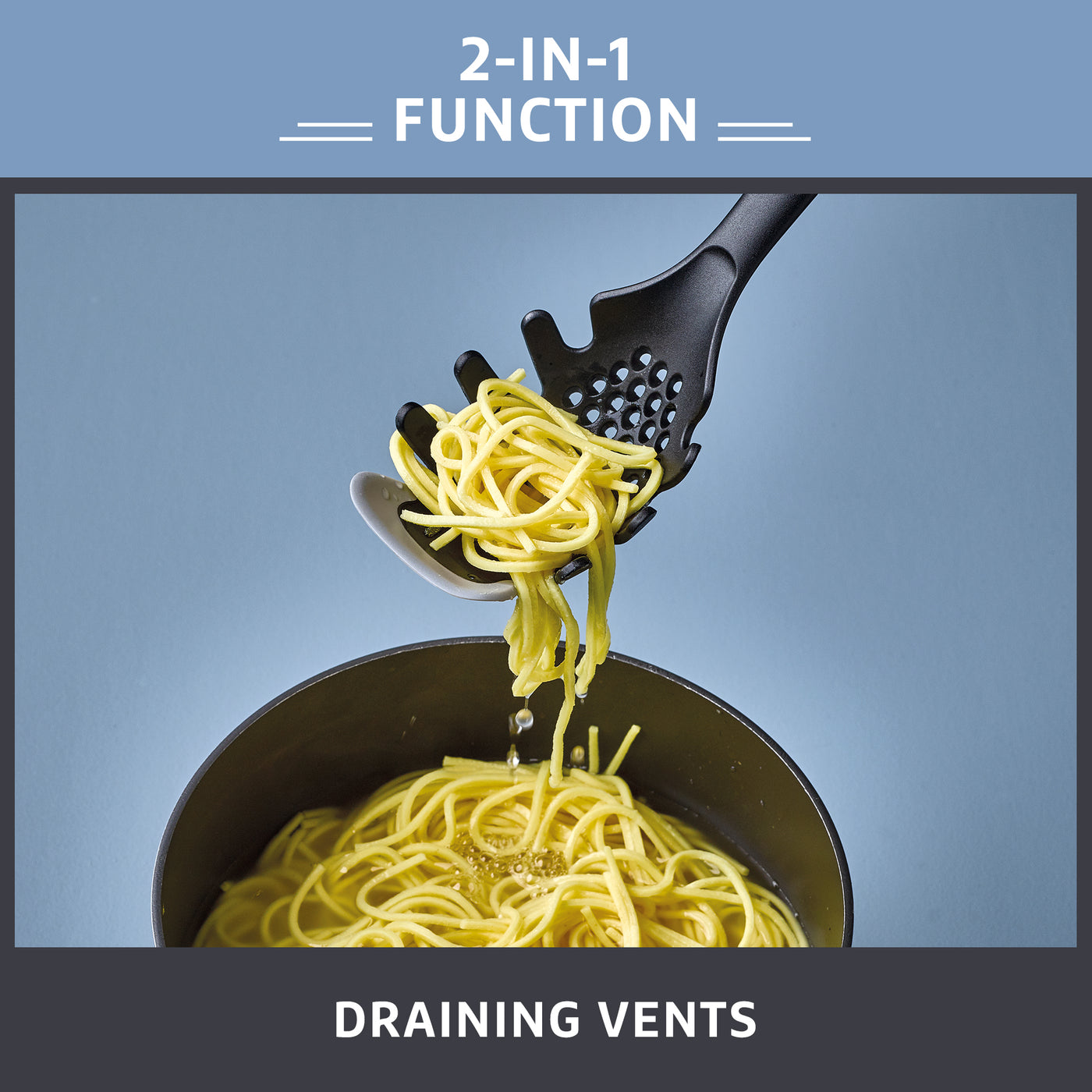 2-in-1 Kitchen Utensil - Pasta Server with Silicone Scraper and Draining Vents
