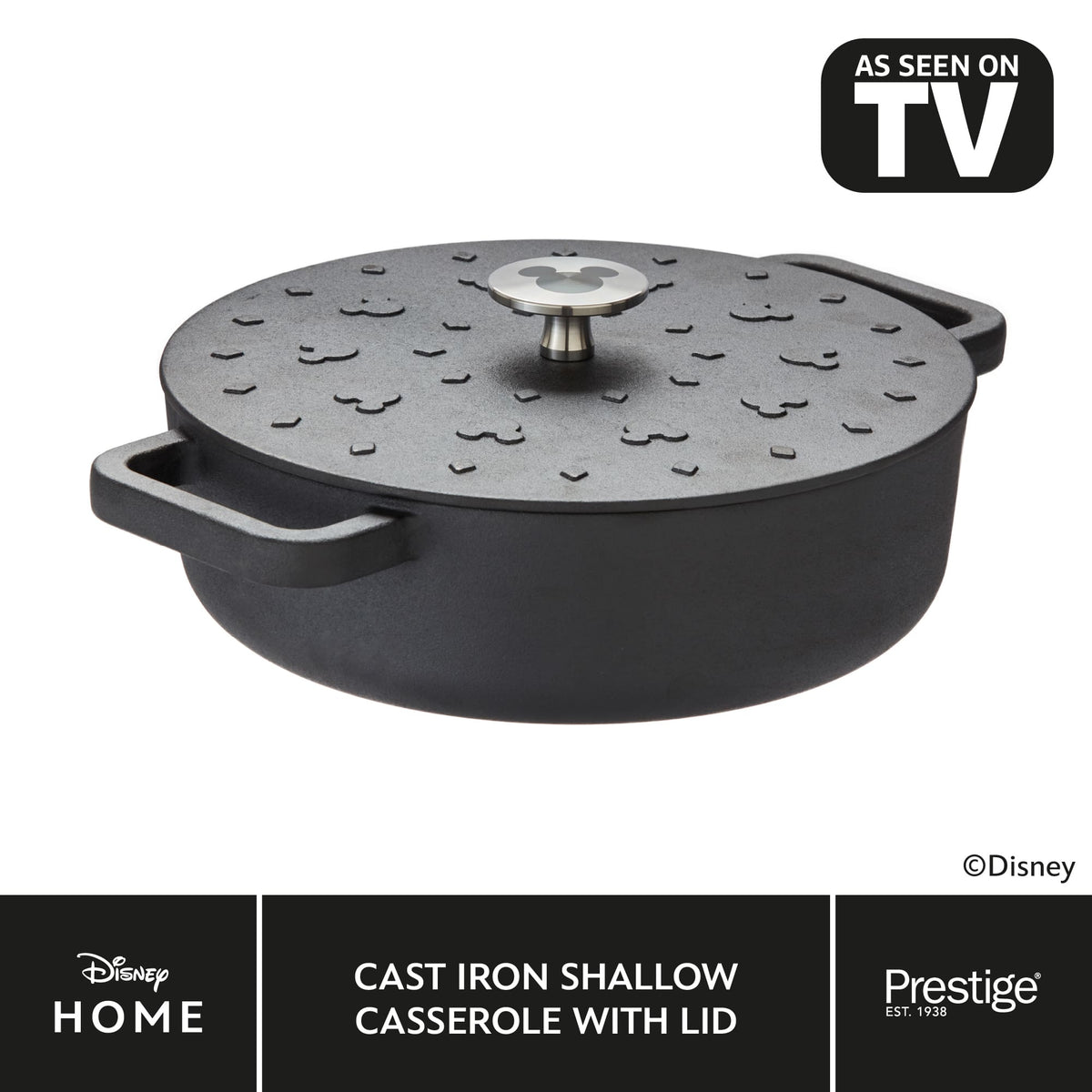 Disney Monochrome Mickey Mouse Cast Iron Shallow Casserole Lid 2.8L 24cm