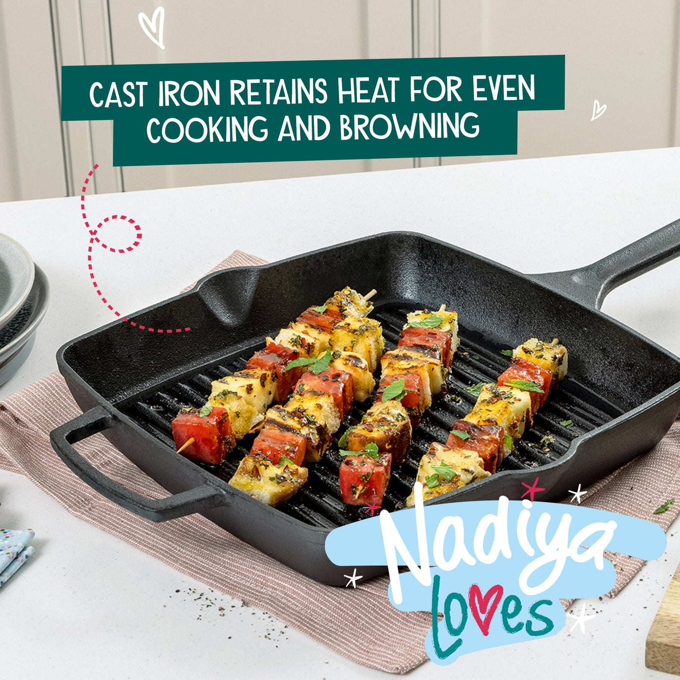 Nadiya Hussain Cast Iron Square Grill Pan & Free Schwartz Kicking Kebabs Spice Kit