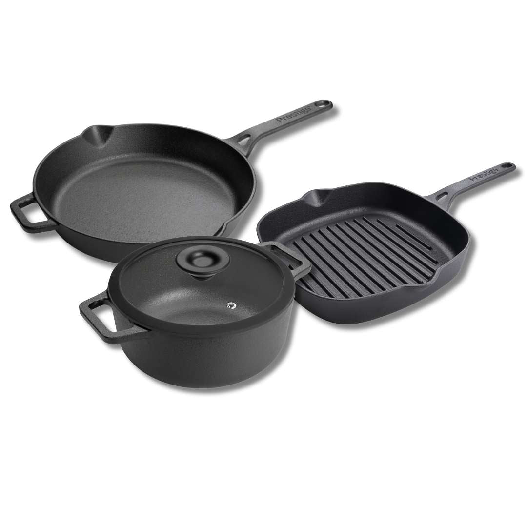 Cast Iron Casserole & Glass Lid 5.7L Frying Pan & Grill Pan Set 3 Pieces