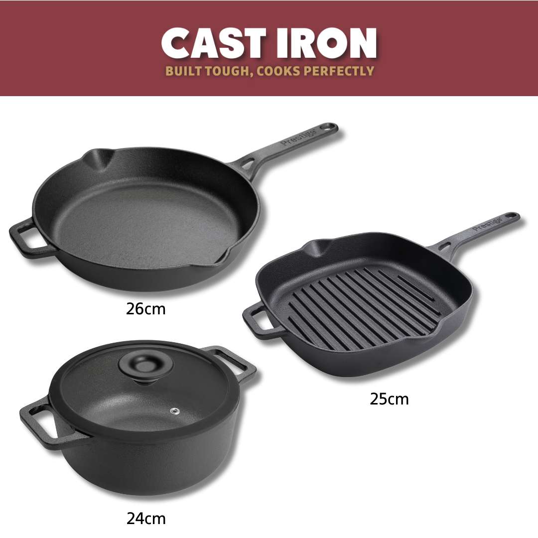 Cast Iron: Casserole & Glass Lid - 5.7L, Frying Pan & Grill Pan Set - 3 Pieces