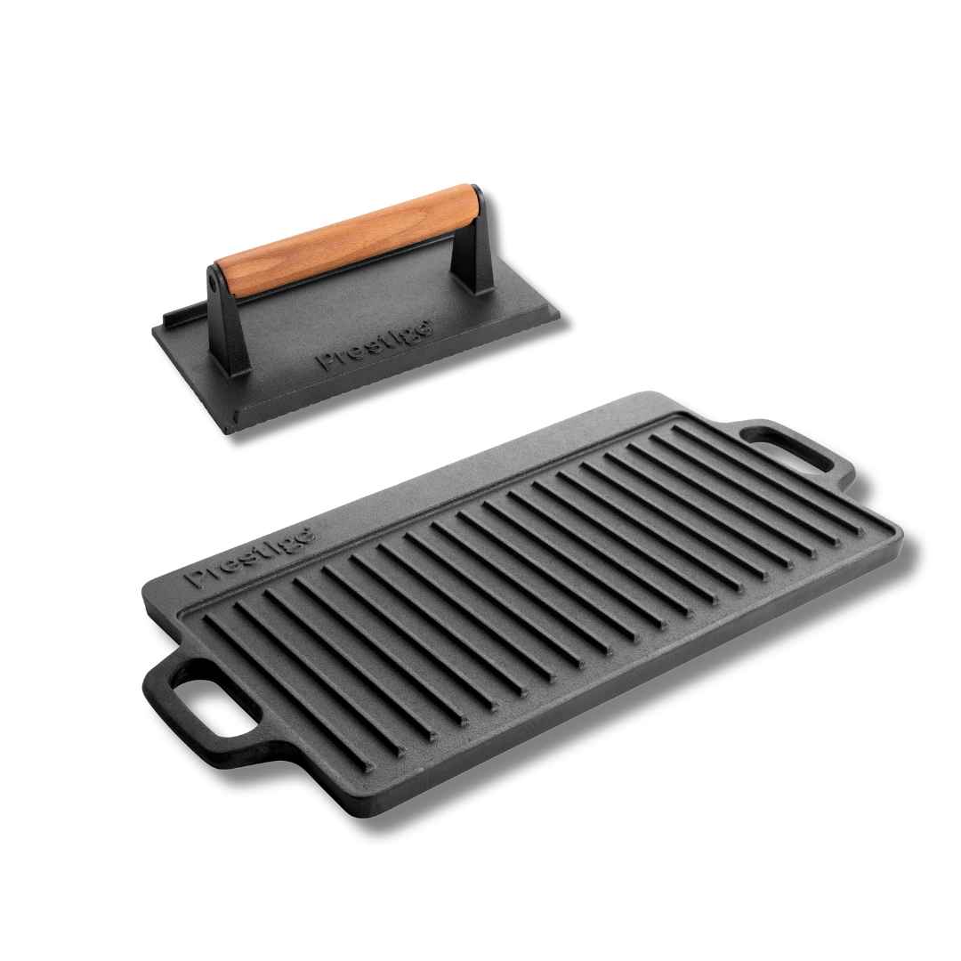 Cast Iron Double Griddle Pan & Burger Grill Press 2 Pieces