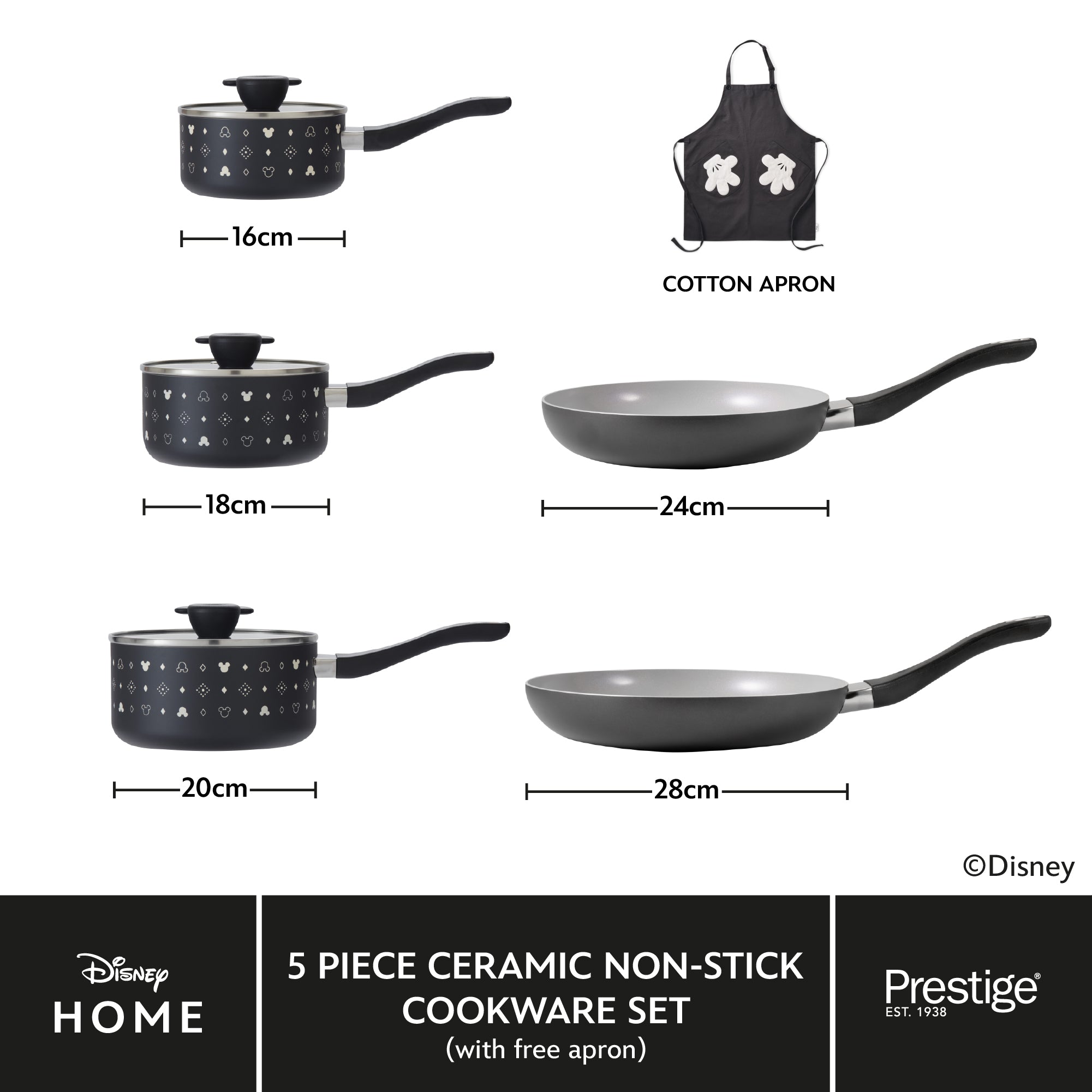 Disney Monochrome: Ceramic Non-Stick Pan Set - 5 Pieces & FREE Apron
