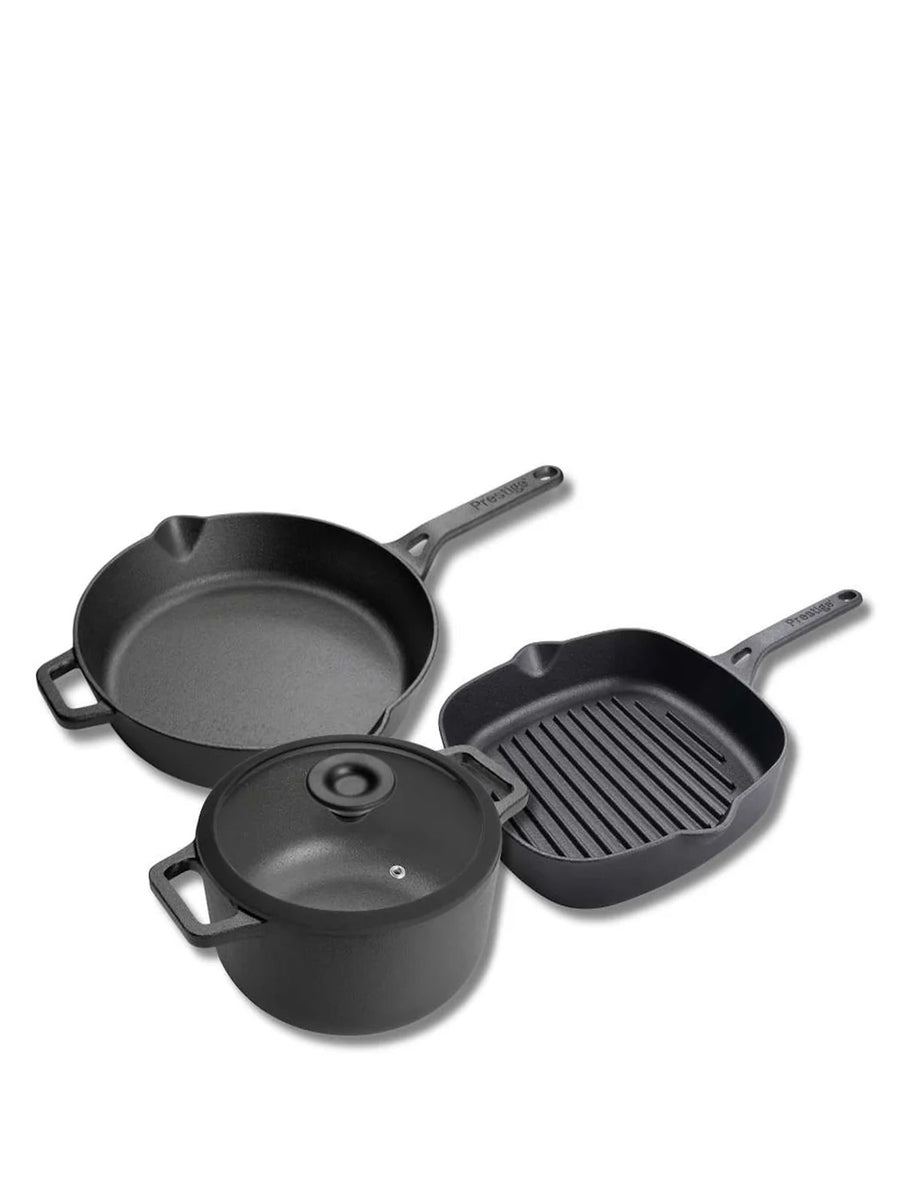 Cast Iron: Casserole & Glass Lid - 5.7L, Frying Pan & Grill Pan Set - 3 Pieces
