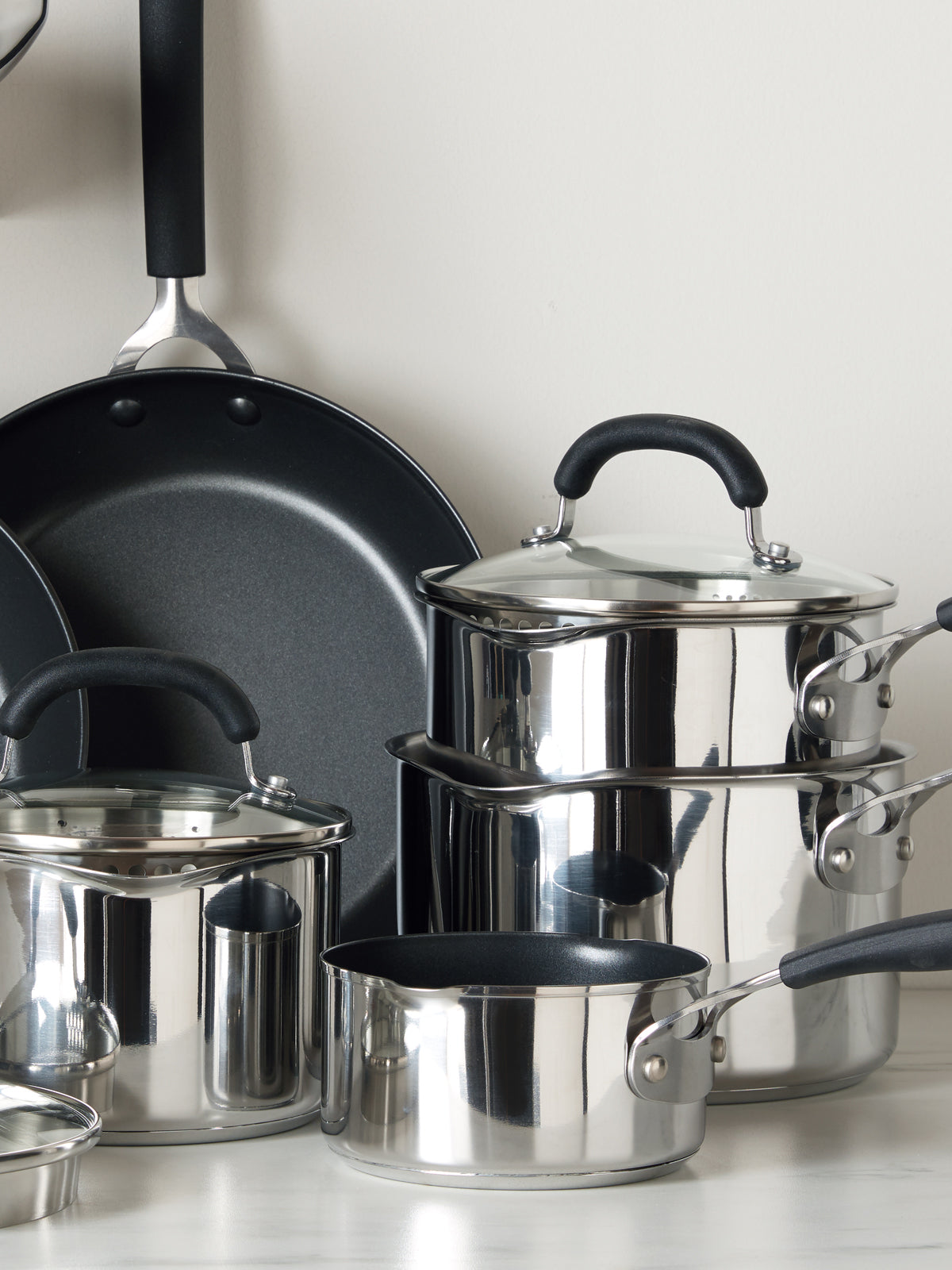 Made to Last: Stainless Steel Frying Pan, Saucepan, Straining Lids & Milk Pan Set - 5 Pieces