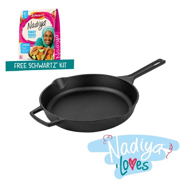 Nadiya Hussain Cast Iron Skillet Pan - 25cm & Free Schwartz Tangy Tacos Spice Kit