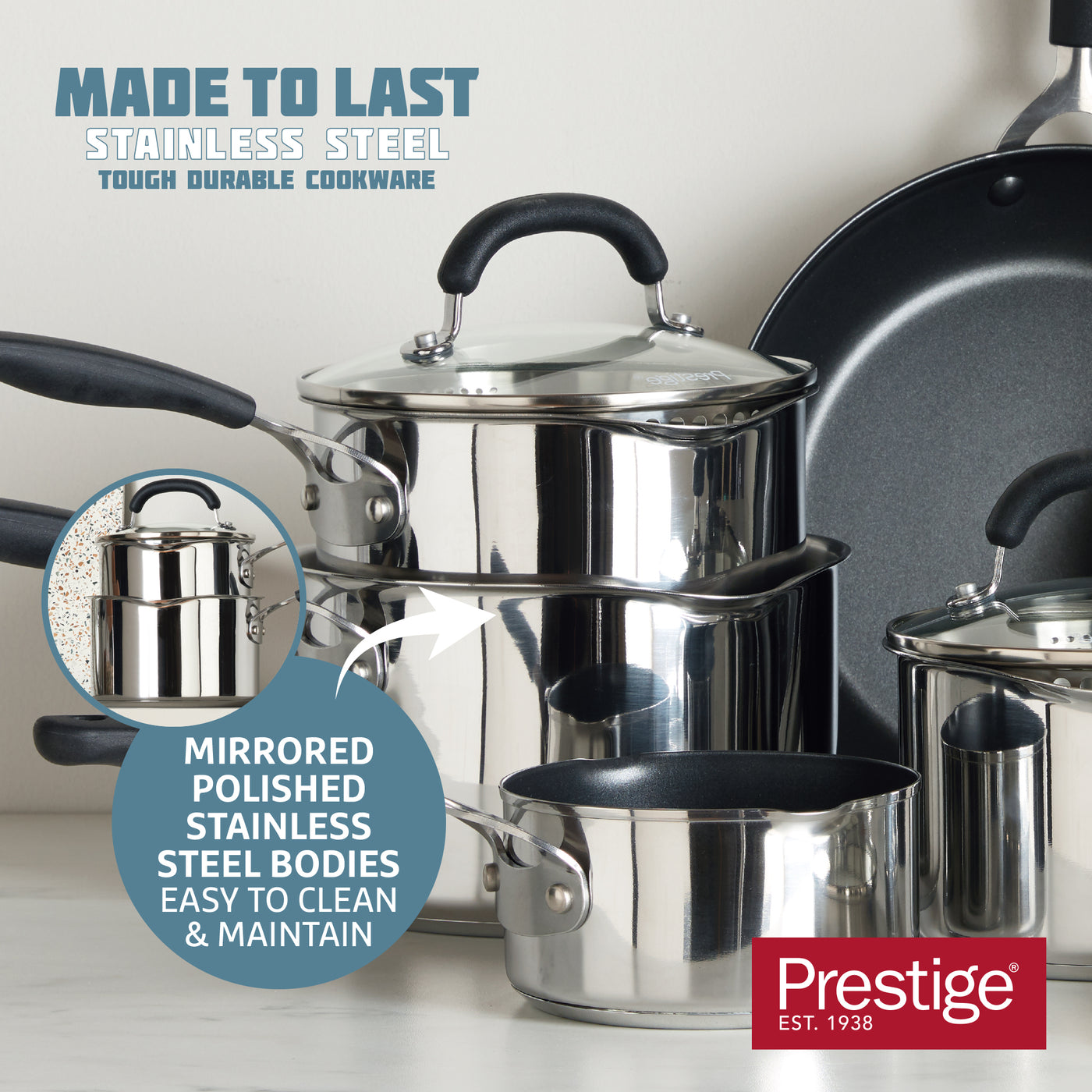 Made to Last: Stainless Steel Frying Pan and Saucepan Set - 5 Piece