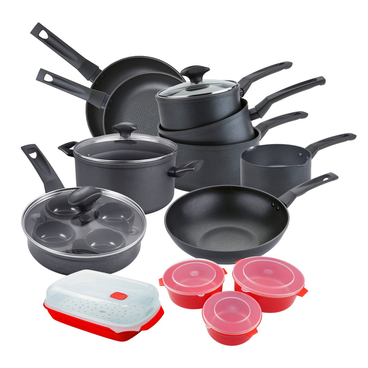 Ultimate Non Stick Kitchen Set Frying Pans Saucepans & Lids Wok & Microwave Containers 13 Pieces
