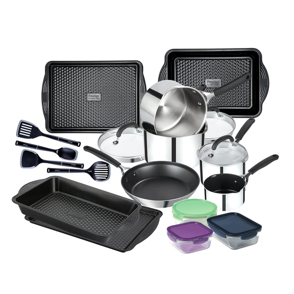 New Home Kitchen Starter Kit: Non-Stick Pan Set, Kitchen Utensils, Bakeware & Food Containers - 16 Pieces