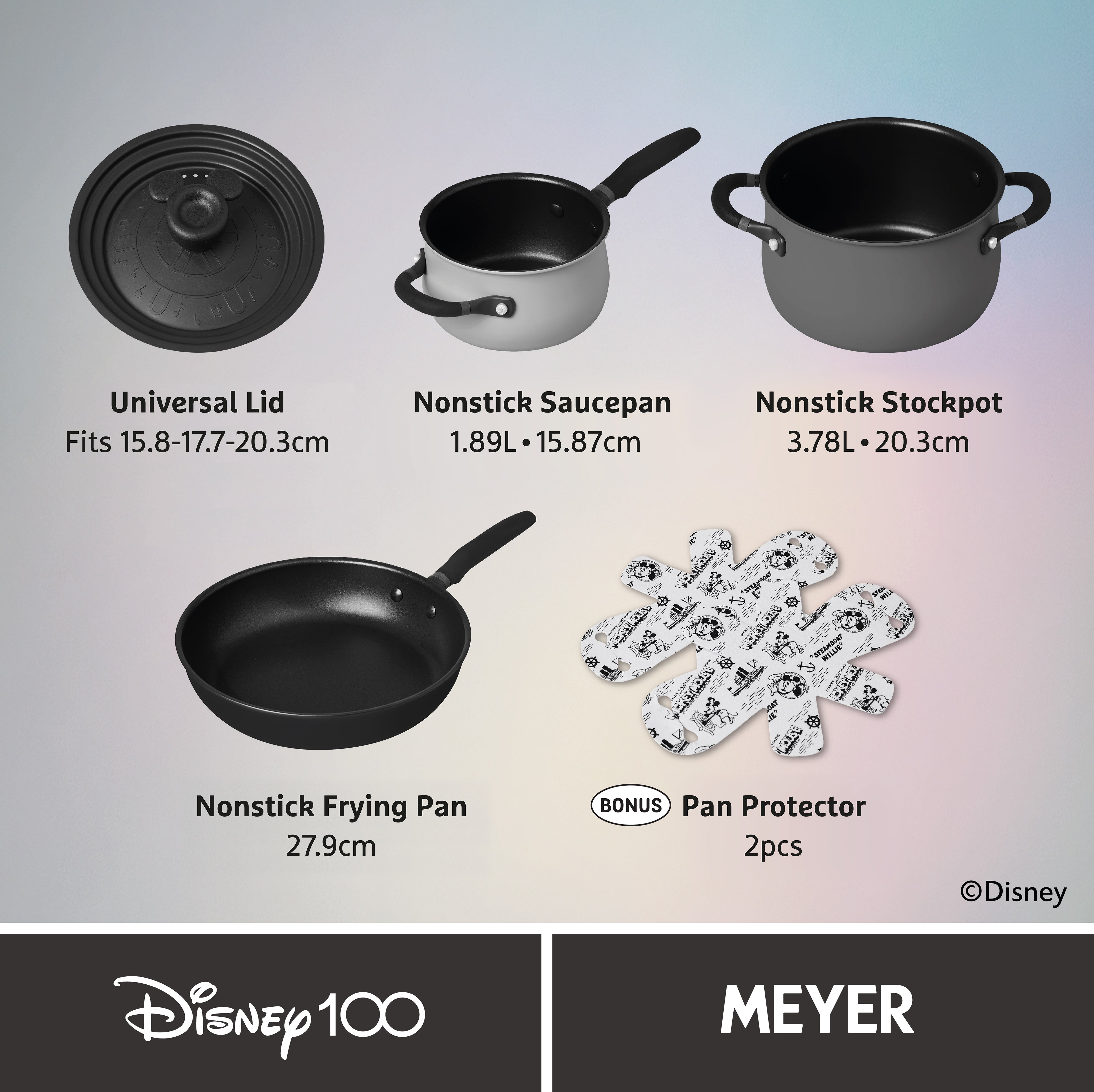 Disney 100 Anniversary Steamboat Willie Stackable Non-Stick Pan Set - 4 Pieces