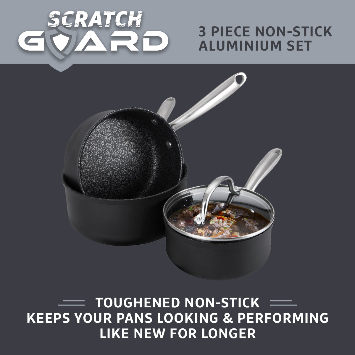 Scratch Guard long lasting cookware. This 3 piece saucepan set from Prestige features toughened non stick that keeps your pans looking & performing like new for longer!