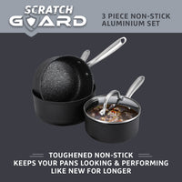 Scratch Guard long lasting cookware. This 3 piece saucepan set from Prestige features toughened non stick that keeps your pans looking & performing like new for longer!