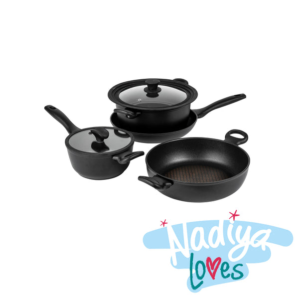 Nadiya Hussain Stackable Non-Stick Frying Pan, Stockpot, Saucepan & Multi-Use Lid - Set