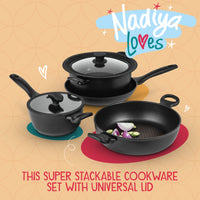 Nadiya Hussain: Stackable Non-Stick Frying Pan, Stockpot, Saucepan & Multi-Lid - 4 Piece Set