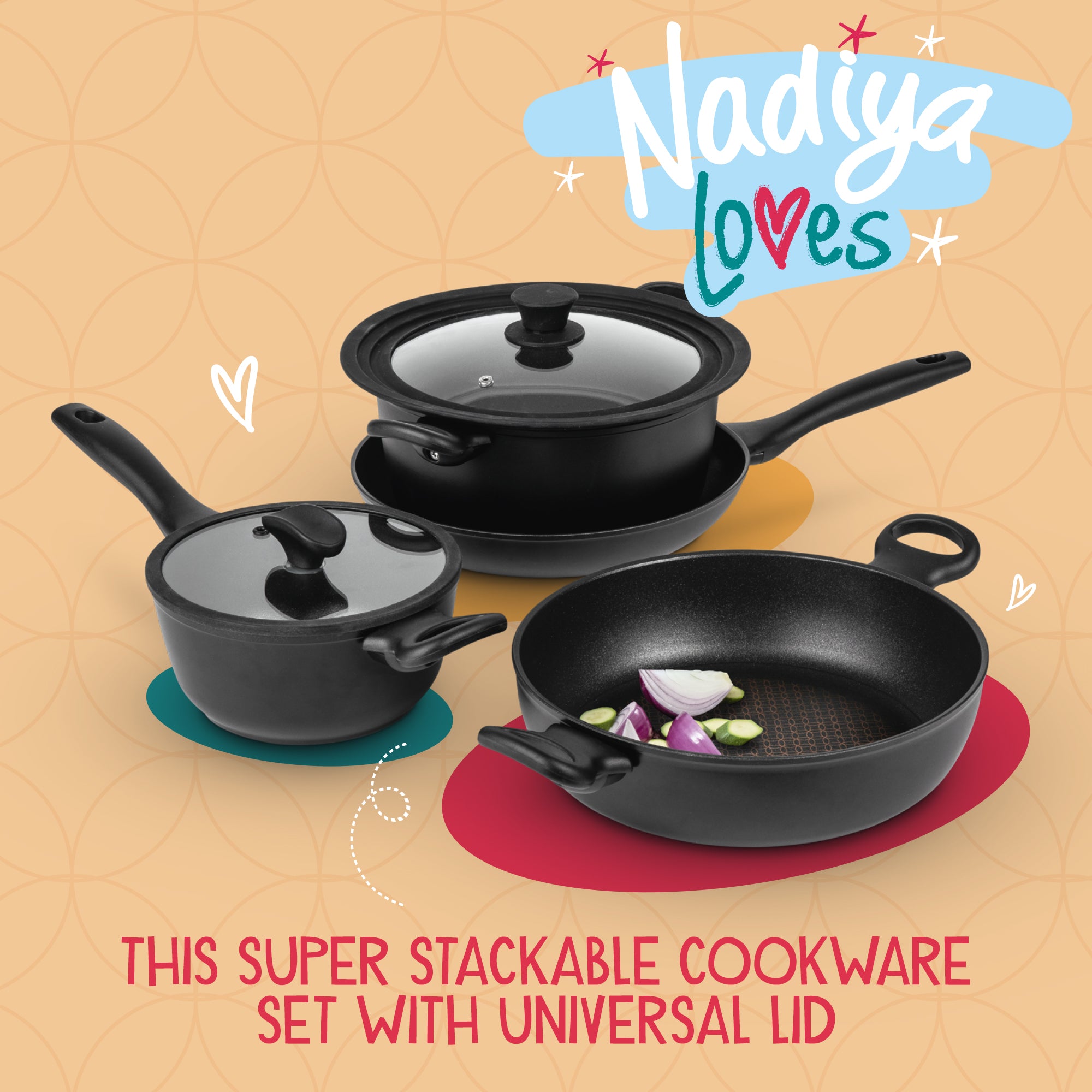 Nadiya Hussain: Stackable Non-Stick Frying Pan, Stockpot, Saucepan & Multi-Lid - 4 Piece Set