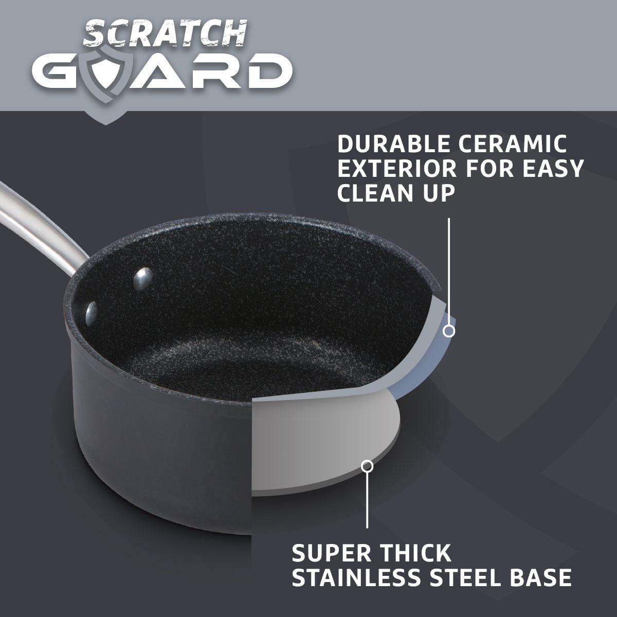 Scratch Guard features durable ceramic exterior for easy clean up, & super thick stainless steel base