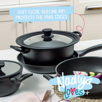 Nadiya Hussain: Stackable Non-Stick Frying Pan, Stockpot, Saucepan & Multi-Lid - 4 Piece Set