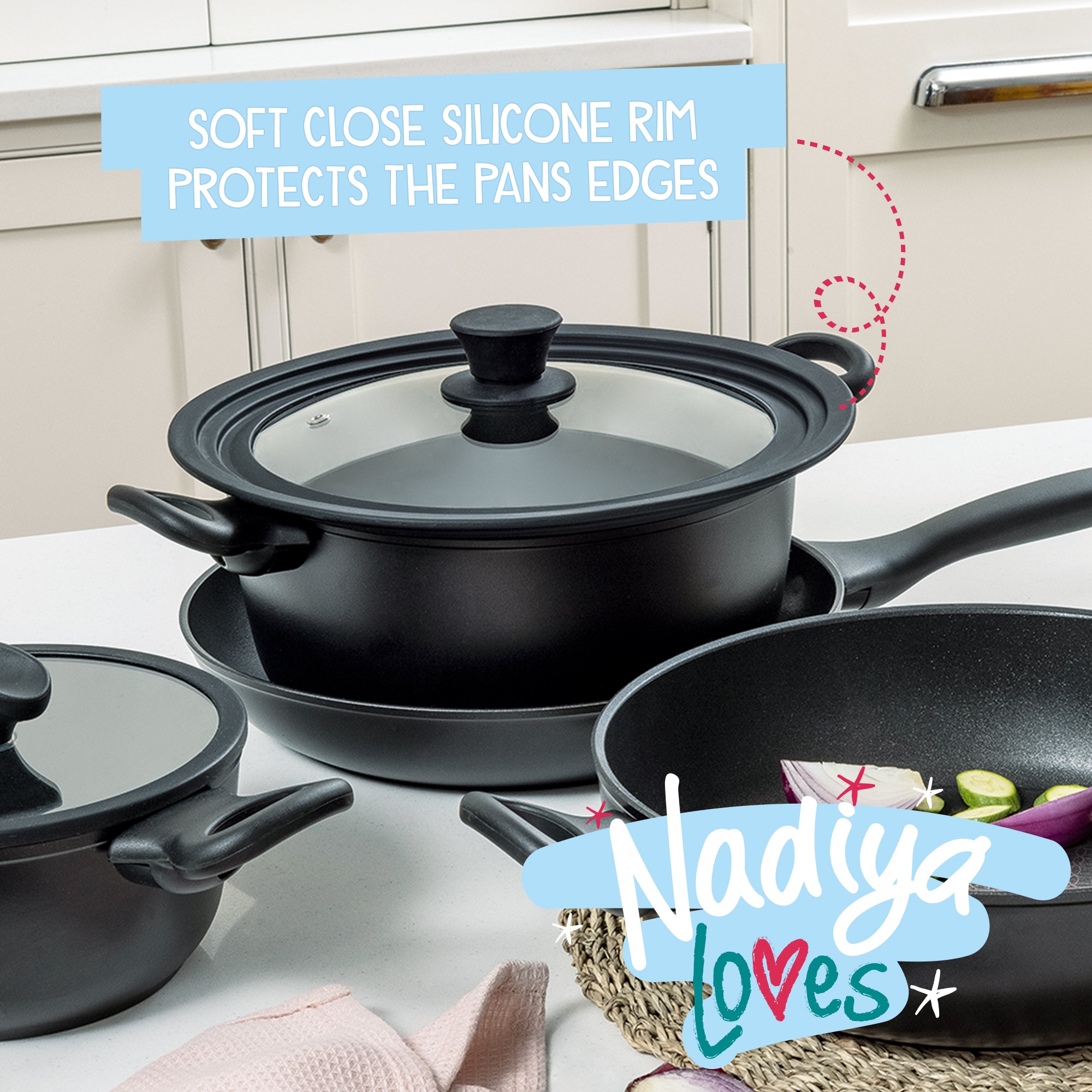 Nadiya Hussain: Stackable Non-Stick Frying Pan, Stockpot, Saucepan & Multi-Lid - 4 Piece Set