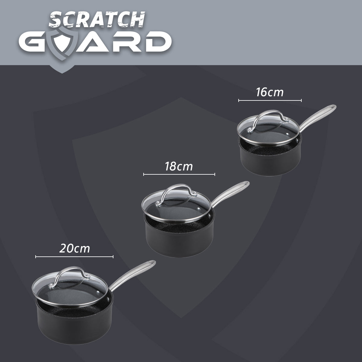 The Scratch Guard anti scratch pans in this cookware set include 16cm, 18cm and a 20cm saucepan