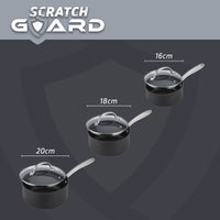 The Scratch Guard anti scratch pans in this cookware set include 16cm, 18cm and a 20cm saucepan