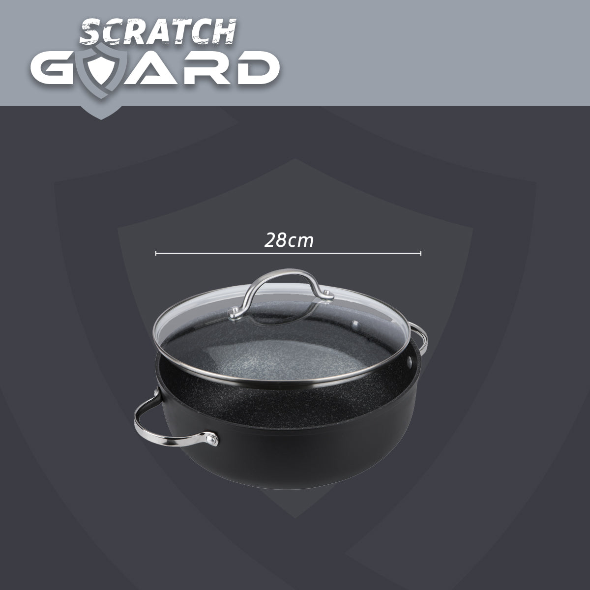 This 28cm casserole pan features glass lid to lock in nutrients. Scratch Guard by Prestige