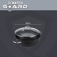 This 28cm casserole pan features glass lid to lock in nutrients. Scratch Guard by Prestige