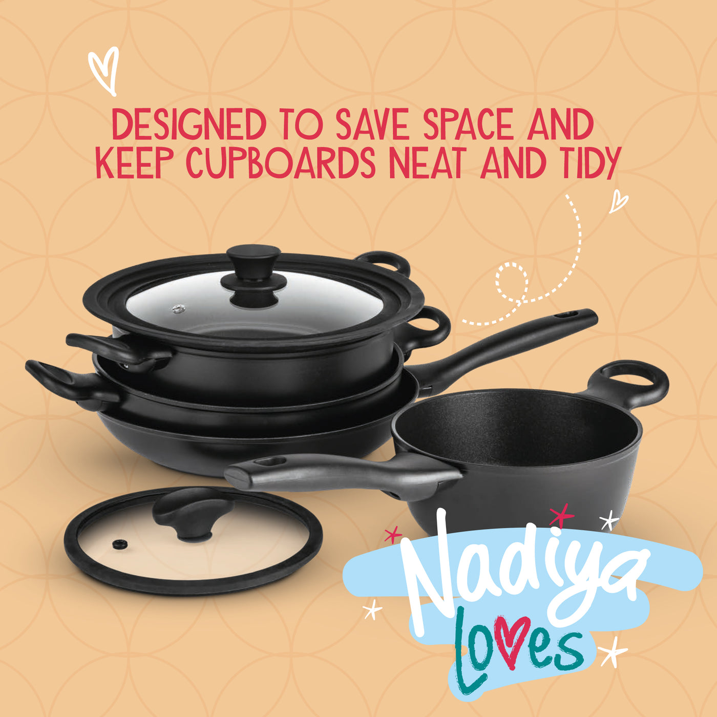 Nadiya Hussain: Stackable Non-Stick Frying Pan, Stockpot, Saucepan & Multi-Lid - 4 Piece Set