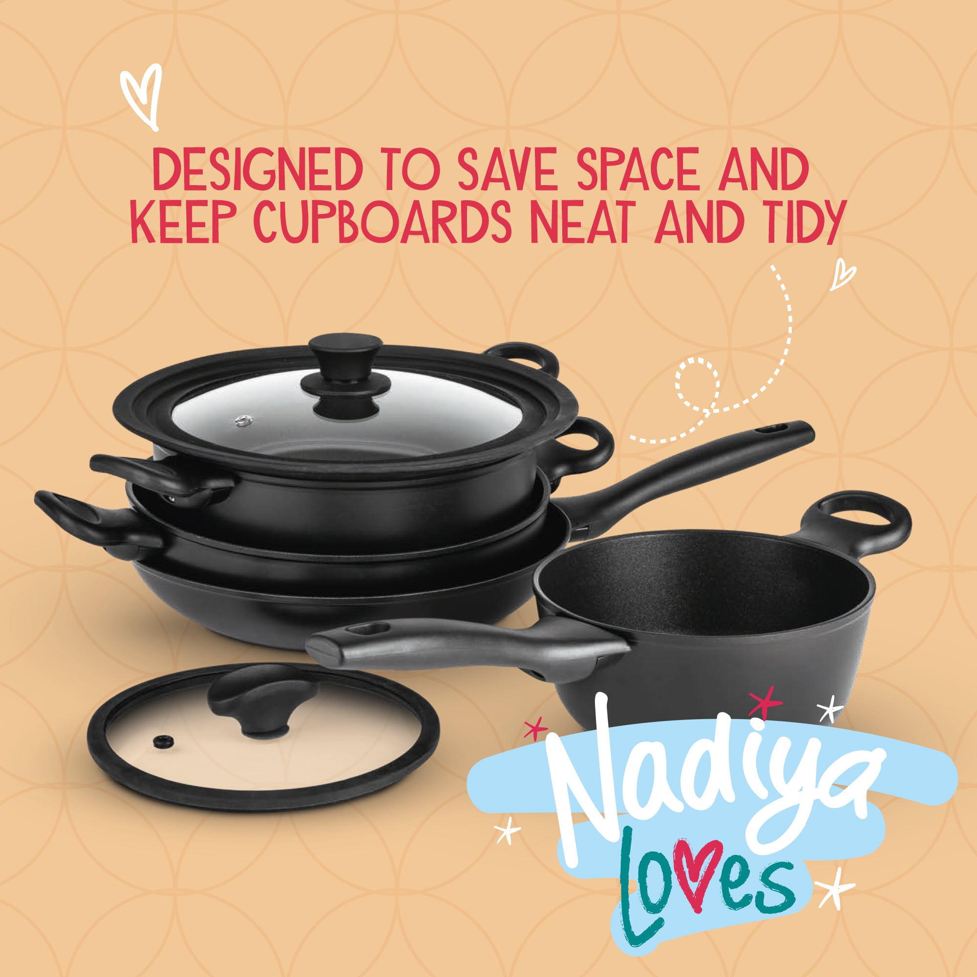 Nadiya Hussain: Stackable Non-Stick Frying Pan, Stockpot, Saucepan & Multi-Lid - 4 Piece Set