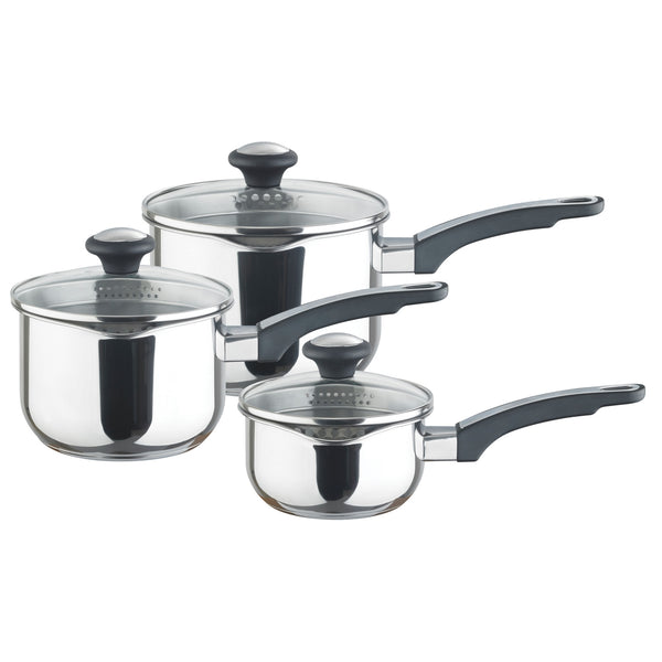 Cook & Strain Prestige Stainless Steel Saucepan Set includes 3 saucepan sizes with built in straining in the lids.