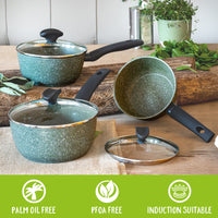 Prestige Eco non stick saucepan set is PFOA free, palm oil free, induction suitable & features a plant-based non-stick
