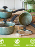 Prestige Saucepan & Frying Pan Set, palm oil and PFOA free, shown on oak table