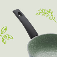 Prestige eco PFOA free pan set features soft handles that stay cool when cooking.