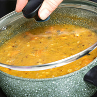 Prestige Eco non stick saucepan set feature glass lids for energy efficient cooking & to keep nutrients locked in
