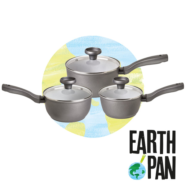 Earthpan eco saucepans. Set of 3 saucepans with lids & toxin-free, PFOA-free ceramic non-stick.