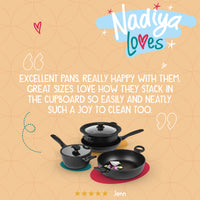 Nadiya Hussain: Stackable Non-Stick Frying Pan, Stockpot, Saucepan & Multi-Lid - 4 Piece Set