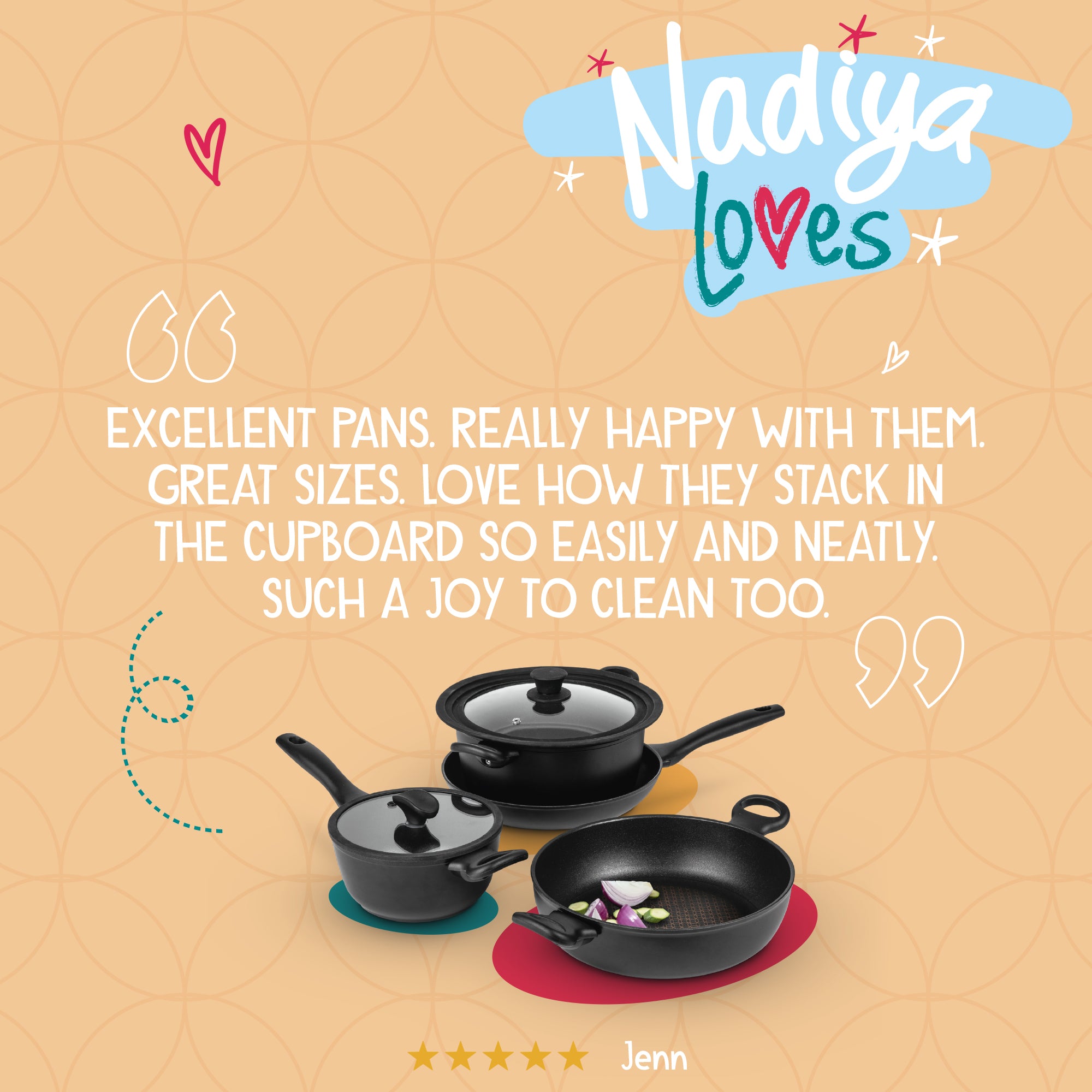 Nadiya Hussain: Stackable Non-Stick Frying Pan, Stockpot, Saucepan & Multi-Lid - 4 Piece Set