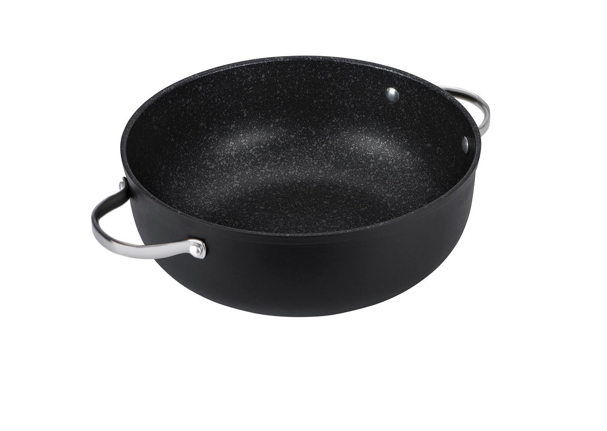 Scratch Guard anti scratch casserole pan with lid from Prestige. Matte black finish with stone effect interior and stainless steel handles
