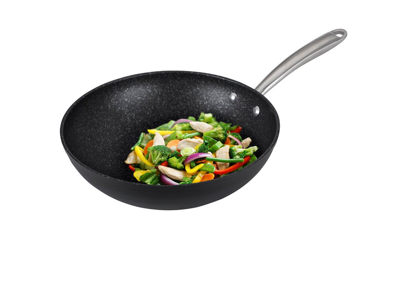 Matte black hybrid ceramic non stick wok interior is combined with triple layer non stick interior, and thick steel base for evenly cooked food