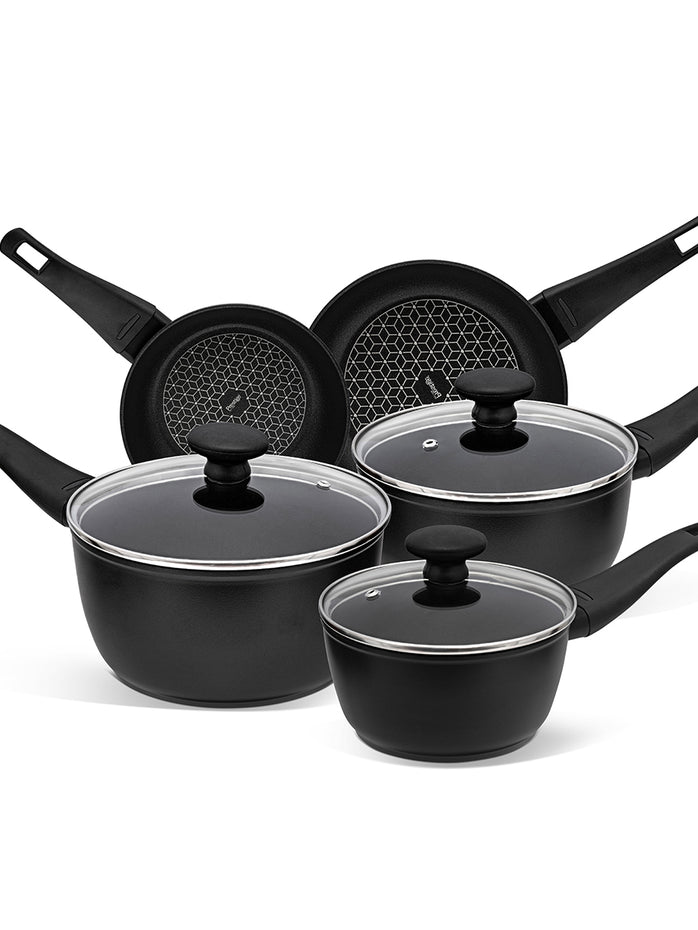 Prestige Thermo Smart 5 Piece Non Stick Saucepan Set. Heat indicator on handles turn green when ready to cook.