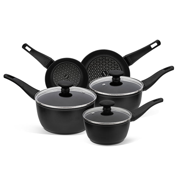 Prestige Thermo Smart 5 Piece Non Stick Saucepan Set. Heat indicator on handles turn green when ready to cook.