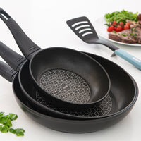 Thermo Smart Non Stick Saucepan set includes 3 saucepans & 2 frying pans for every mealtime imaginable!